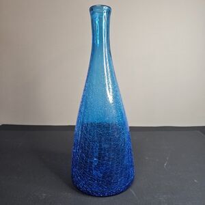 Vtg Blenko Blue Crackle Glass 12 In Vase Decanter Hand Blown MCM 1960s